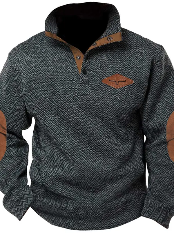 Men's Retro Herringbone Fabric Henley Elbow Patch Color Block Western Sweatshirt - Menwyx.com 