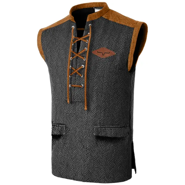 Men's Herringbone Western Patchwork Color Block Cowboys Lace-up Vest - Dozenlive.com 