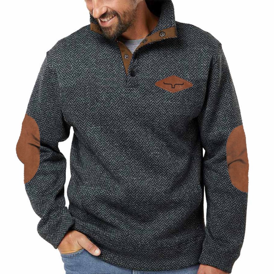 

Men's Retro Herringbone Fabric Henley Elbow Patch Color Block Western Sweatshirt