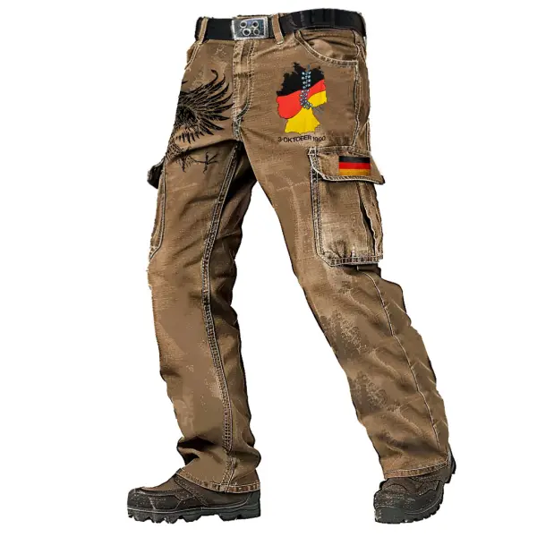 Men's Vintage Tag Der Deutschen Einheit German Flag Eagle Military Distressed Multi-pocket Tactical Pants - Elementnice.com 