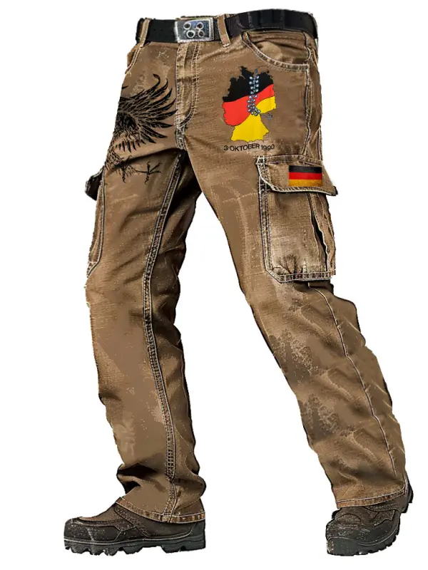 Men's Vintage Tag Der Deutschen Einheit German Flag Eagle Military Distressed Multi-pocket Tactical Pants - Menwyx.com 