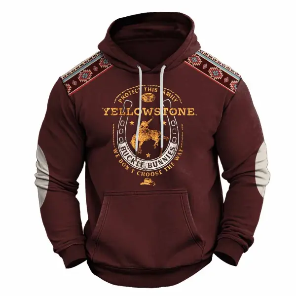 Men's Vintage Yellowstone Western Cowboy Aztec Pocket Long Sleeve Casual Hoodie - Anurvogel.com 