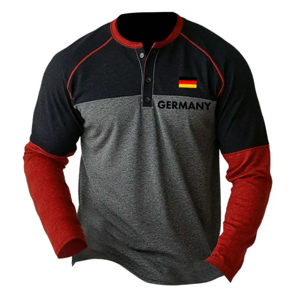 Men's Vintage Tag Der Deutschen Einheit German Flag Print Pocket Color Block Long Sleeve Henley Collar T-shirt - Nicheten.com 