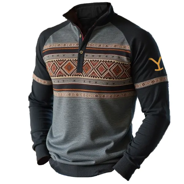 Men's Vintage Yellowstone Aztec Outdoor Ethnic Style Printed Patchwork Stand-up Collar Sweatshirt - Menzfolk.com 