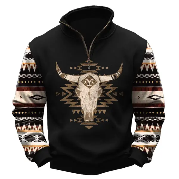 Men's Vintage Western Ethnic Aztec Yellowstone Quarter-Zip Stand Collar Long Sleeve Sweatshirt - Rabclub.com 