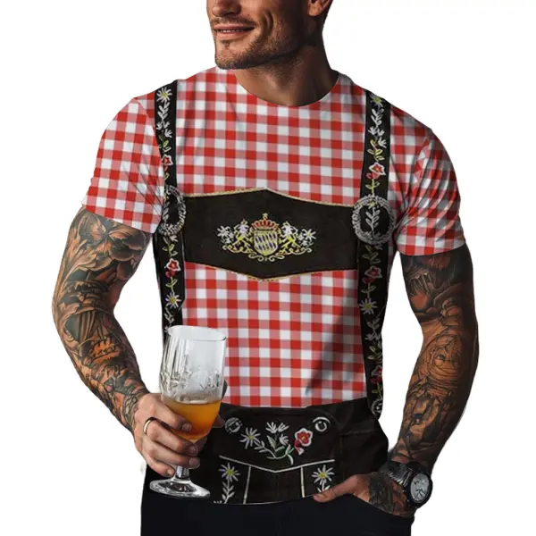 Men's Oktoberfest Bavarian Lederhosen 3D Graphic Check Print Party Casual Daily Crew Neck Short Sleeve T-shirt - Wayrates.com 