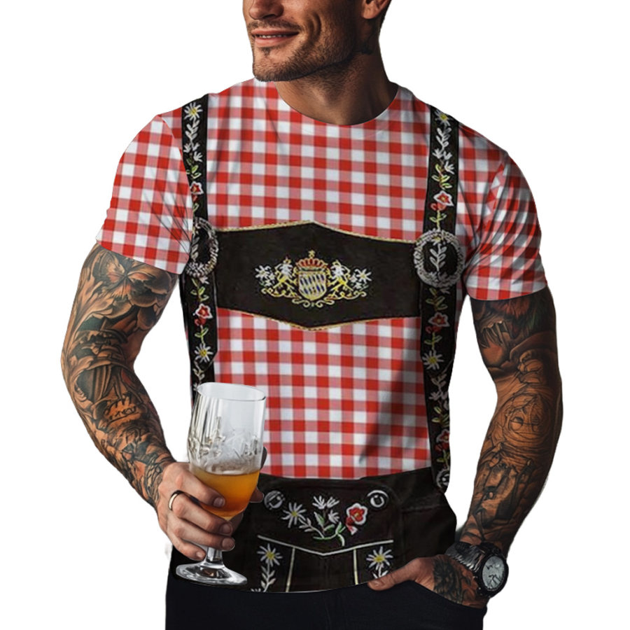 

Men's Oktoberfest Bavarian Lederhosen 3D Graphic Check Print Party Casual Daily Crew Neck Short Sleeve T-shirt