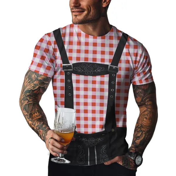 Men's Oktoberfest Bavarian Lederhosen 3D Graphic Check Print Party Casual Daily Crew Neck Short Sleeve T-shirt - Wayrates.com 