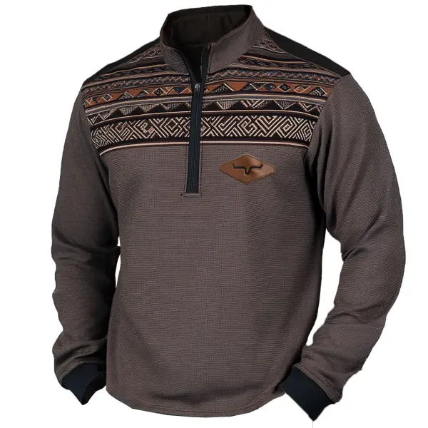 Men's Vintage Yellowstone Outdoor Ethnic Style Printed Patchwork Everyday Stand-up Collar Sweatshirt - Menzfolk.com 