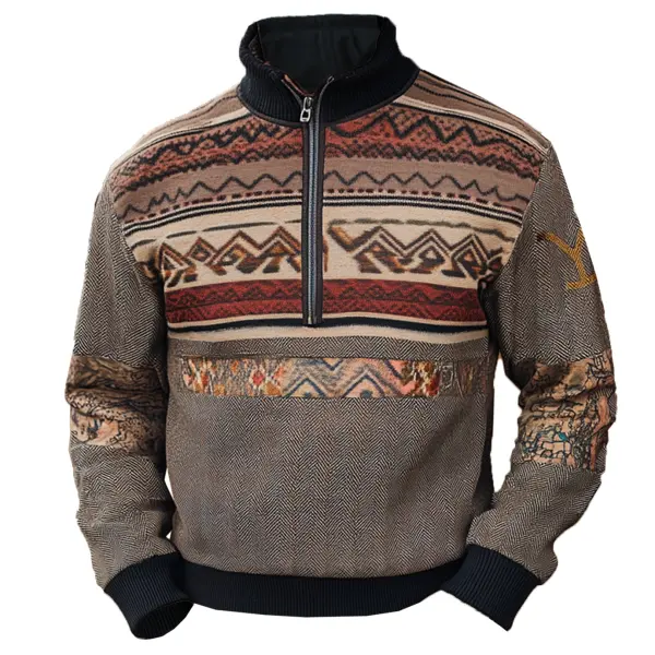 Men's Vintage Herringbone Fabric Yellowstone Outdoor Ethnic Style Printed Patchwork Everyday Stand-up Collar Sweatshirt - Menzfolk.com 