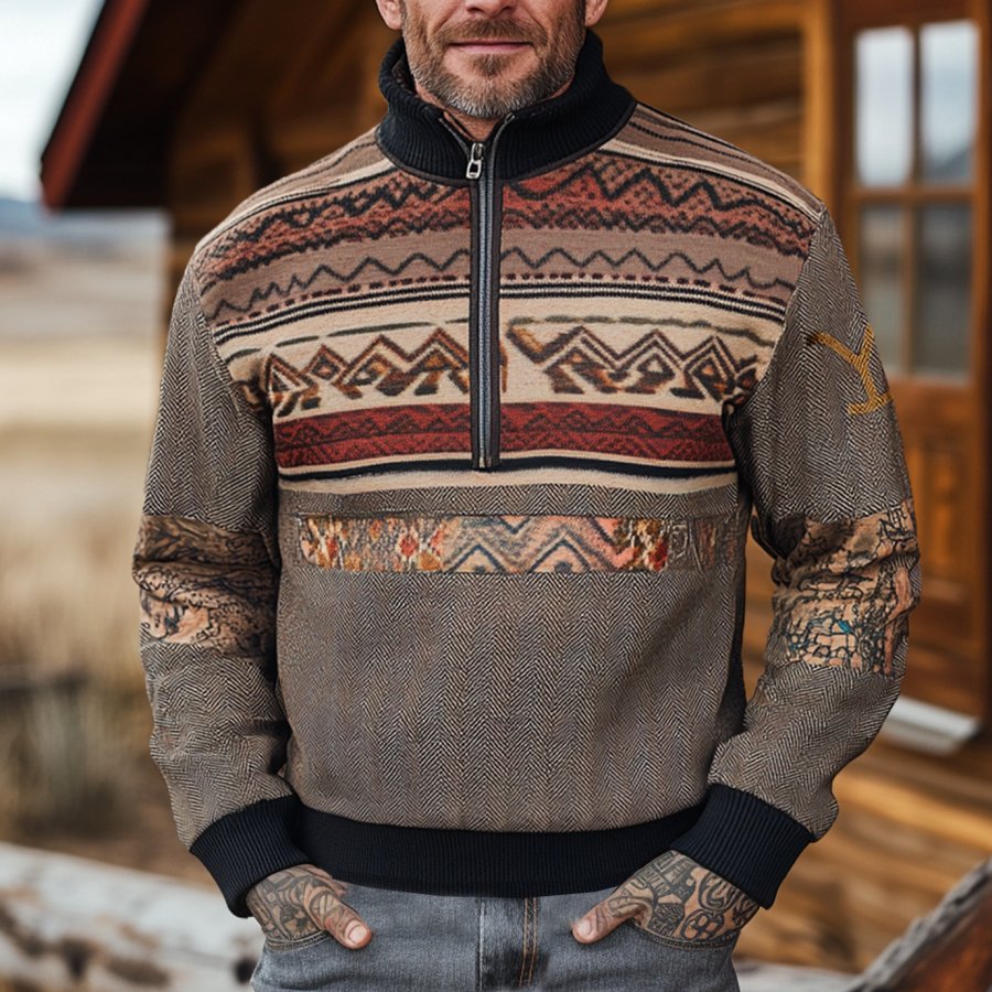 

Men's Vintage Herringbone Fabric Yellowstone Outdoor Ethnic Style Printed Patchwork Everyday Stand-up Collar Sweatshirt