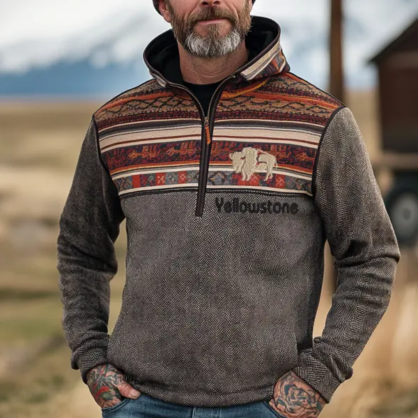 Men's Vintage Herringbone Fabric Yellowstone Outdoor Ethnic Style Printed Patchwork Everyday Hoodie - Wayrates.com 