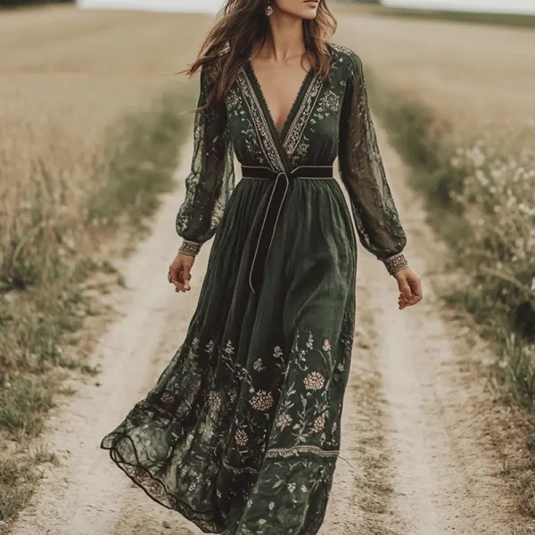 Woman's Elegant Bohemian Style Splicing Yarn Rustic Boho Dress - Wayrates.com 