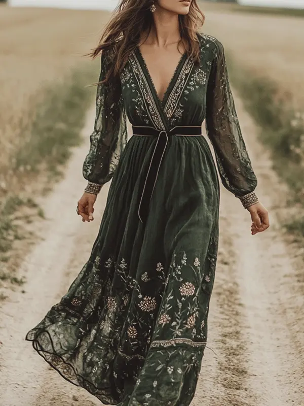 Woman's Elegant Bohemian Style Splicing Yarn Rustic Boho Dress - Pragmaace.com 