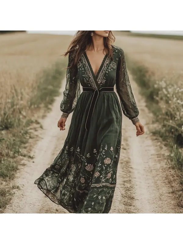 Woman's Elegant Bohemian Style Splicing Yarn Rustic Boho Dress - Anrider.com 