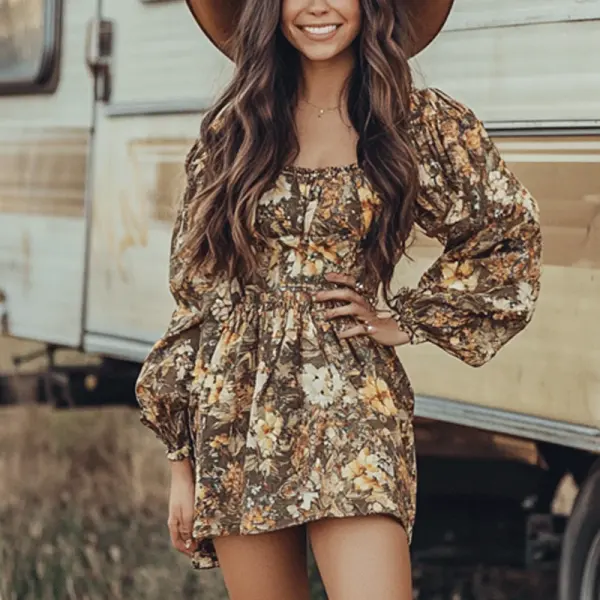 Women's Western Cowboy Outdoor Vintage Casual Floral Print Puff Sleeve Dress - Wayrates.com 