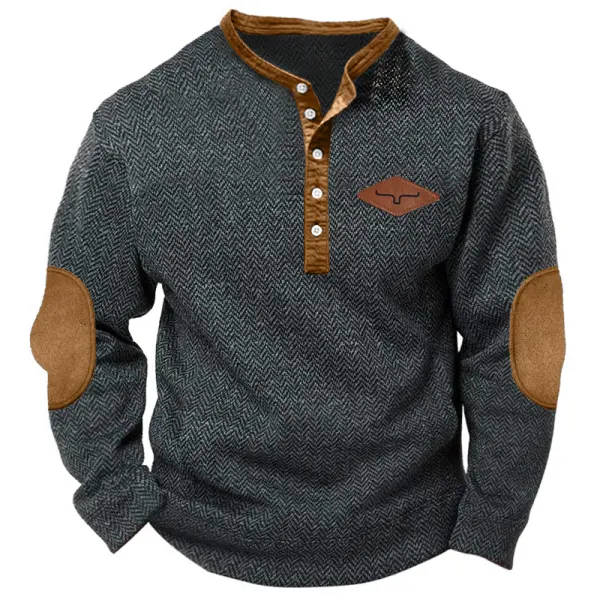 Men's Retro Herringbone Fabric Henley Elbow Patch Color Block Western Sweatshirt - Anurvogel.com 