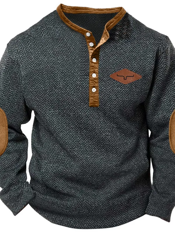 Men's Retro Herringbone Fabric Henley Elbow Patch Color Block Western Sweatshirt - Menwyx.com 