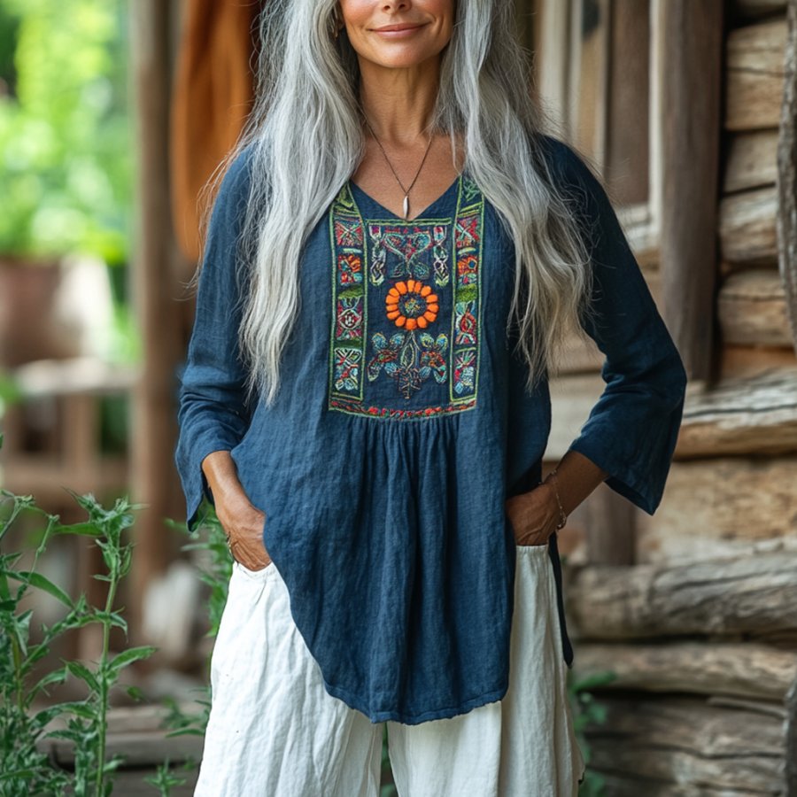 

Women's Vintage Ethnic Cotton And Linen Long Sleeve T-shirt