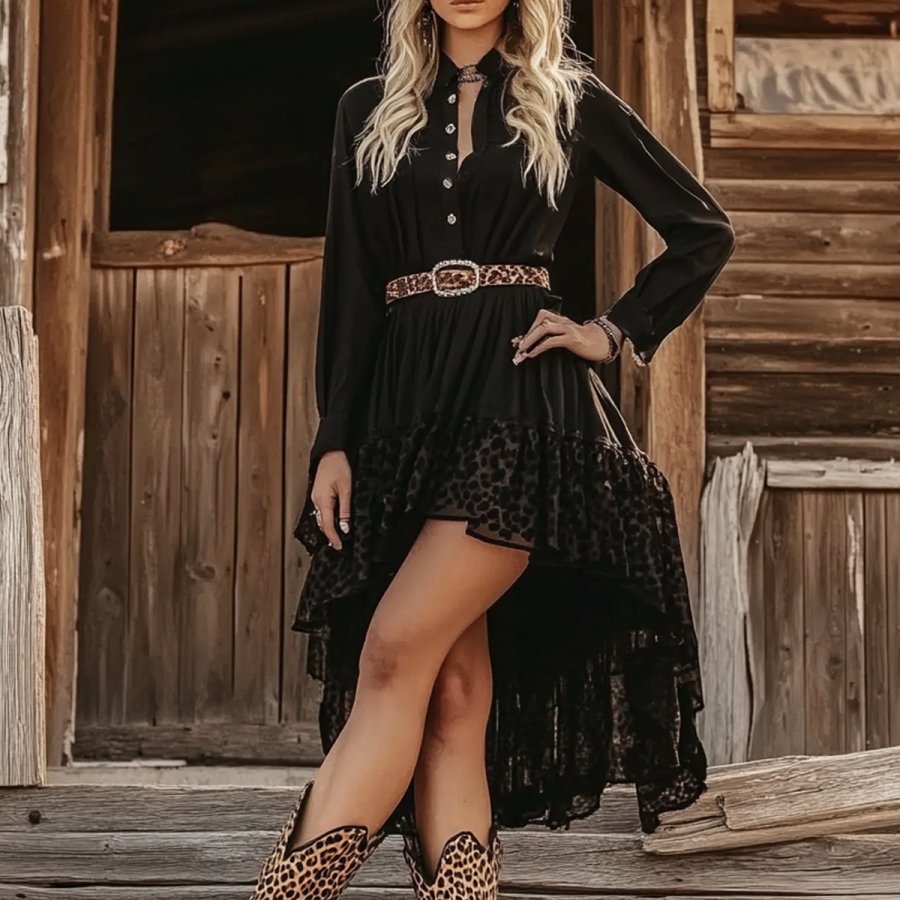 

Women's Vintage Western Cowboy Lace Casual Long Sleeve Dress