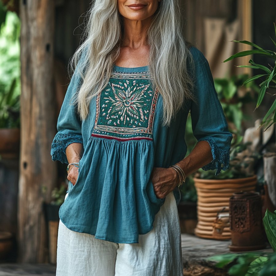 

Women's Vintage Ethnic Cotton And Linen Long Sleeve T-shirt