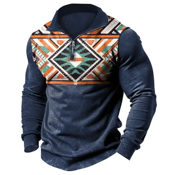 Men's Vintage Western Ethnic Style Aztec Quarter-Zip Stand Collar Long Sleeve Sweatshirt - Menzfolk.com 