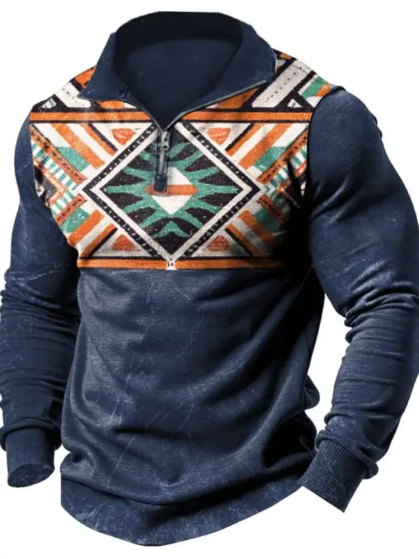 Men's Vintage Western Ethnic Style Aztec Quarter-Zip Stand Collar Long Sleeve Sweatshirt - Menwyx.com 