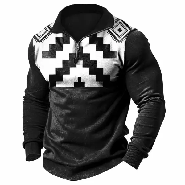 Men's Vintage Western Ethnic Style Aztec Quarter-Zip Stand Collar Long Sleeve Sweatshirt - Menzfolk.com 