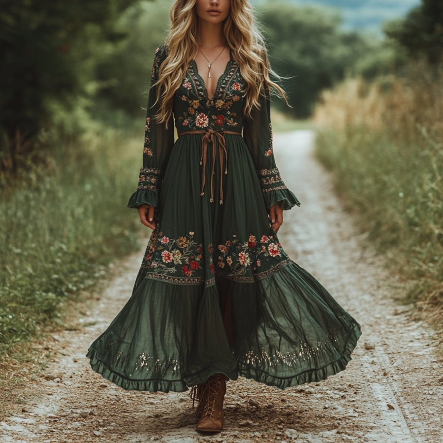 

Women's Vintage Floral Pastoral V-neck Long Sleeve Dress