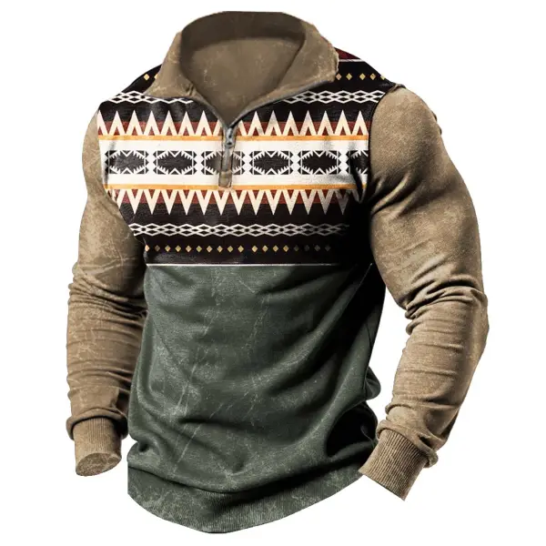 Men's Vintage Western Ethnic Style Aztec Quarter-Zip Stand Collar Long Sleeve Sweatshirt - Menzfolk.com 