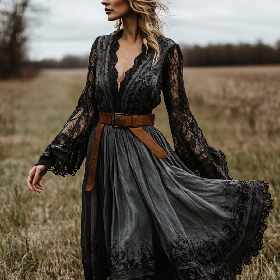 

Women's Vintage Linen Lace Pastoral V-neck Long Sleeve Dress