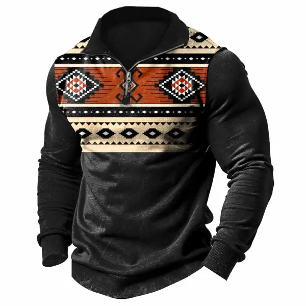 Men's Vintage Western Ethnic Style Aztec Quarter-Zip Stand Collar Long Sleeve Sweatshirt - Menzfolk.com 