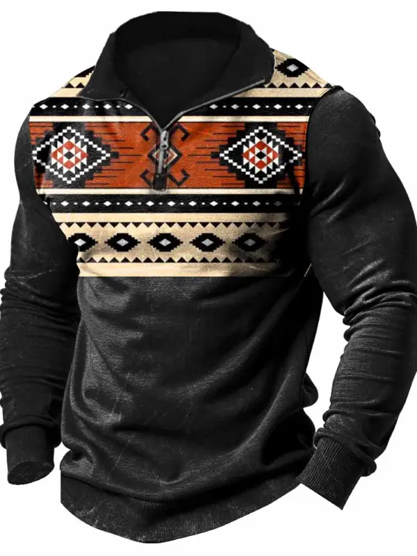 Men's Vintage Western Ethnic Style Aztec Quarter-Zip Stand Collar Long Sleeve Sweatshirt - Menwyx.com 