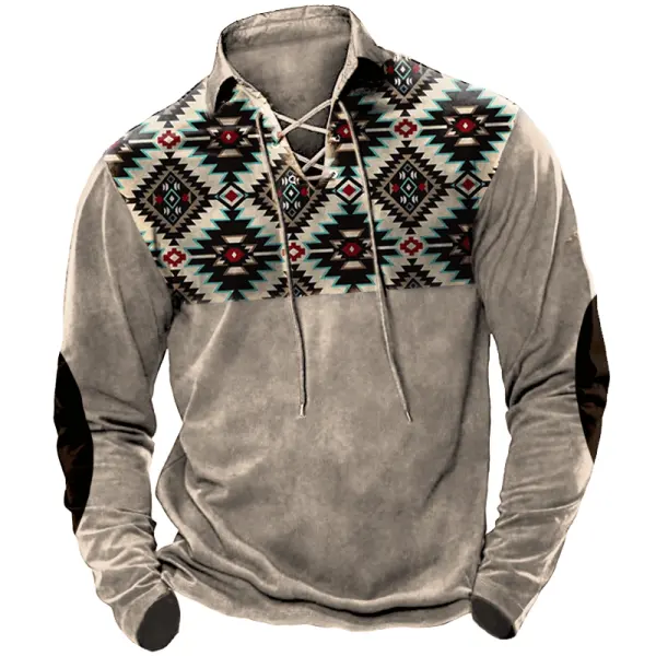 Men's Western Cowboy Aztec Print Retro Collar Drawstring Polo Long Sleeve T-shirt - Menzfolk.com 