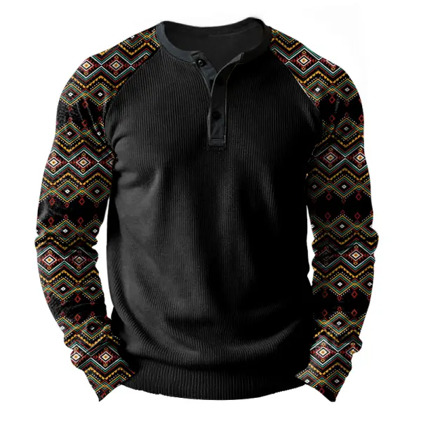 Men's Aztec Ethnic Printed Vintage Corduroy Patchwork Polo Sweatshirt - Menzfolk.com 