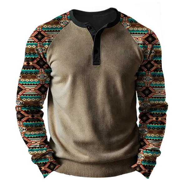 Men's Aztec Ethnic Printed Vintage Corduroy Patchwork Polo Sweatshirt - Menzfolk.com 