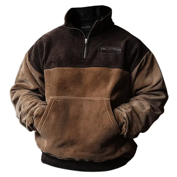 Men's Vintage Corduroy Splicing And Contrasting Colors Pocket 1/4 Zipper Sweatshirt - Cotosen.com 