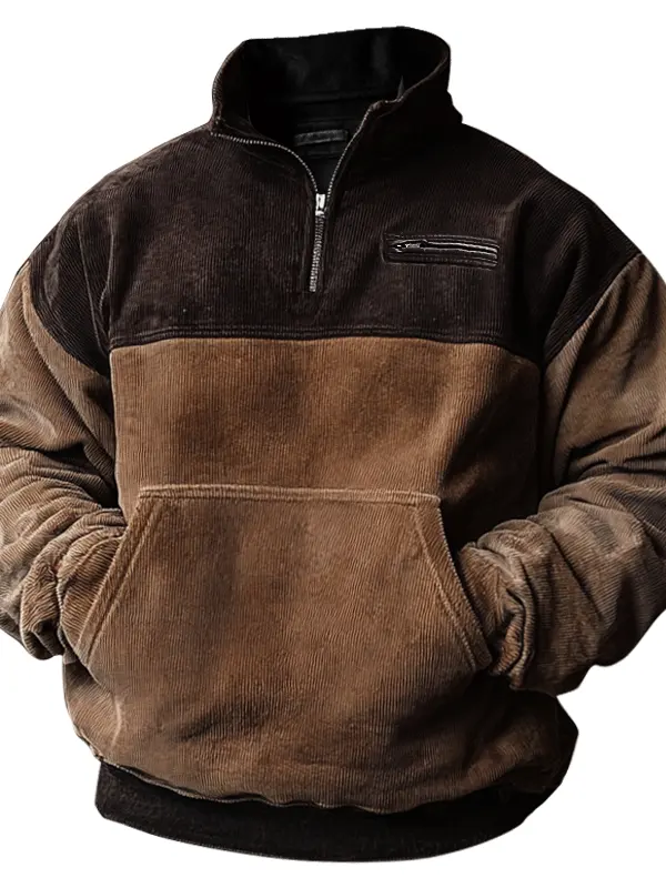 Men's Vintage Corduroy Splicing And Contrasting Colors Pocket 1/4 Zipper Sweatshirt - Menwyx.com 