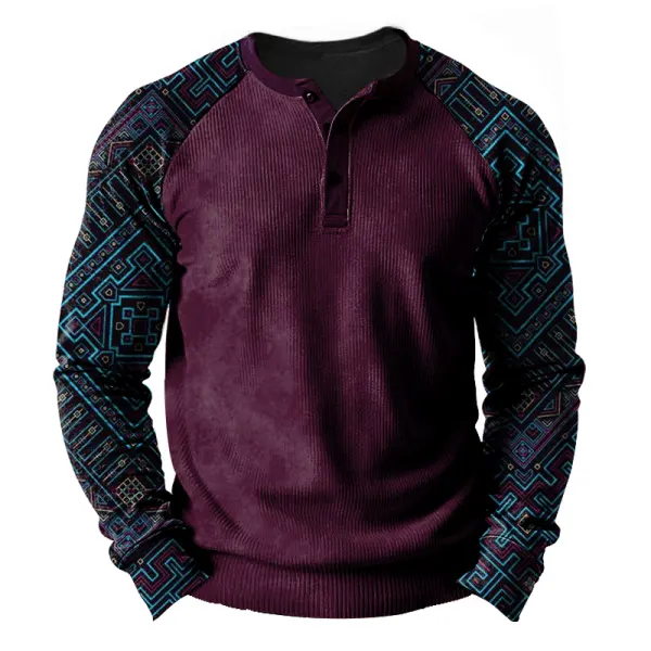 Men's Aztec Ethnic Printed Vintage Corduroy Patchwork Polo Sweatshirt - Menzfolk.com 