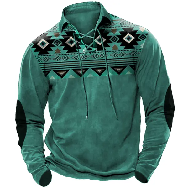 Men's Western Cowboy Aztec Print Retro Collar Drawstring Polo Long Sleeve T-shirt - Menzfolk.com 