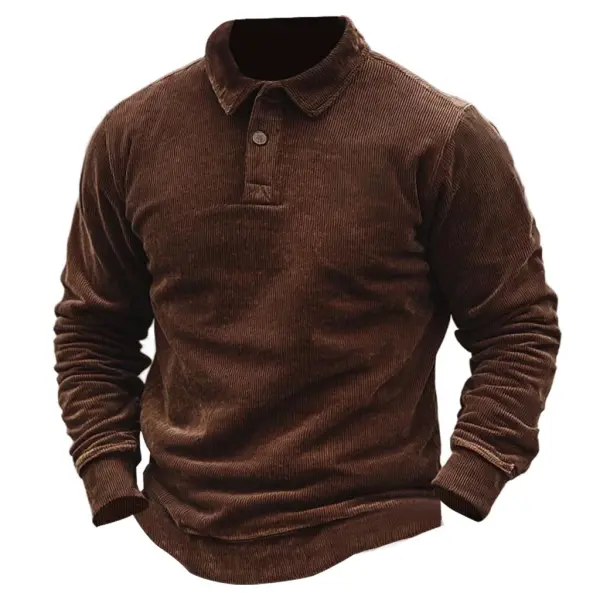 Men's Vintage Corduroy Polo Collar Long Sleeve Sweatshirt - Manlyhost.com 