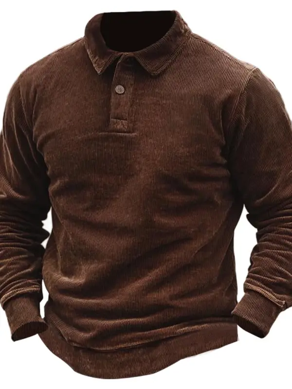 Men's Vintage Corduroy Polo Collar Long Sleeve Sweatshirt - Menwyx.com 