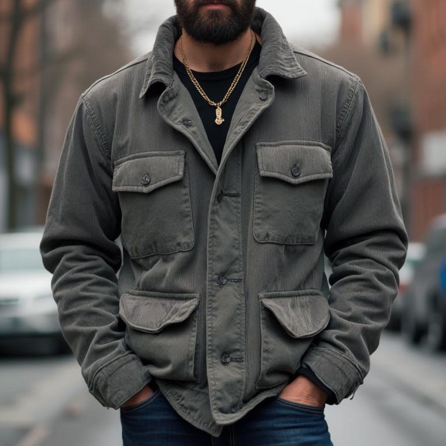 

Men's Vintage Corduroy Multi-Pocket Lapel Outdoor Jacket