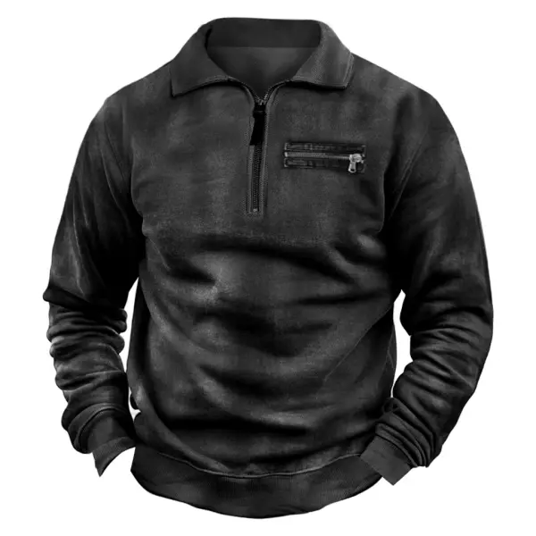 Men's Vintage Pocket Quarter-Zip Lapel Long Sleeve Sweatshirt - Anurvogel.com 