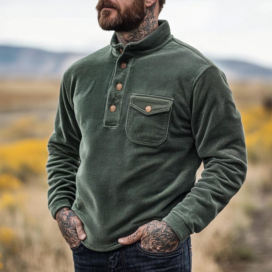 

Men's Vintage Corduroy Pocket Button Stand Collar Long Sleeve Sweatshirt