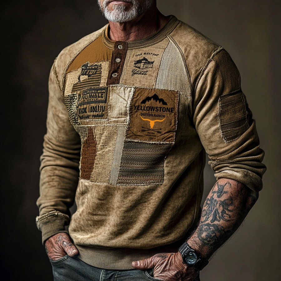 

Men's Vintage Yellowstone Collage Damaged 3DPrinted Long Sleeve Henley Neck Sweatshirt