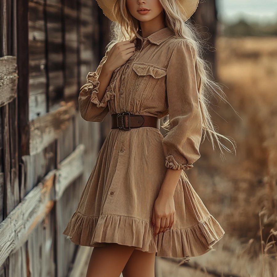 

Ladies Vintage Western Cowgirl Style Corduroy Fabric Dress