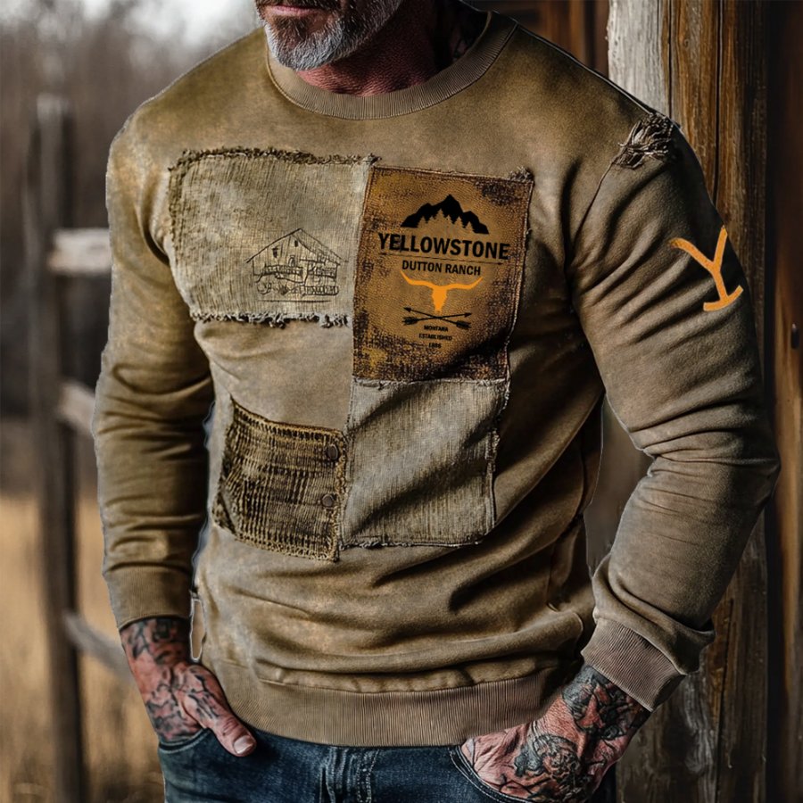 

Men's Vintage Yellowstone Collage Damaged 3DPrinted Long Sleeve Crew Neck Sweatshirt
