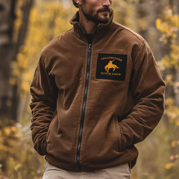 Men's Yellowstone Vintage Corduroy Splicing And Contrasting Colors Pocket Zipper Jacket - Wayrates.com 