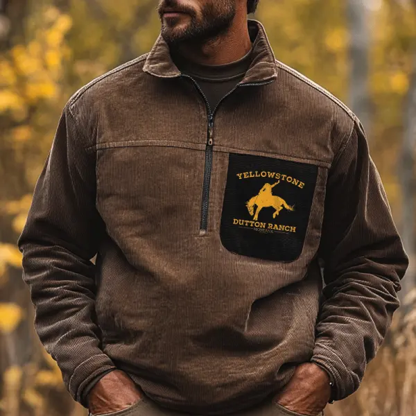 Men's Yellowstone Vintage Corduroy Splicing And Contrasting Colors Pocket 1/4 Zipper Sweatshirt - Wayrates.com 